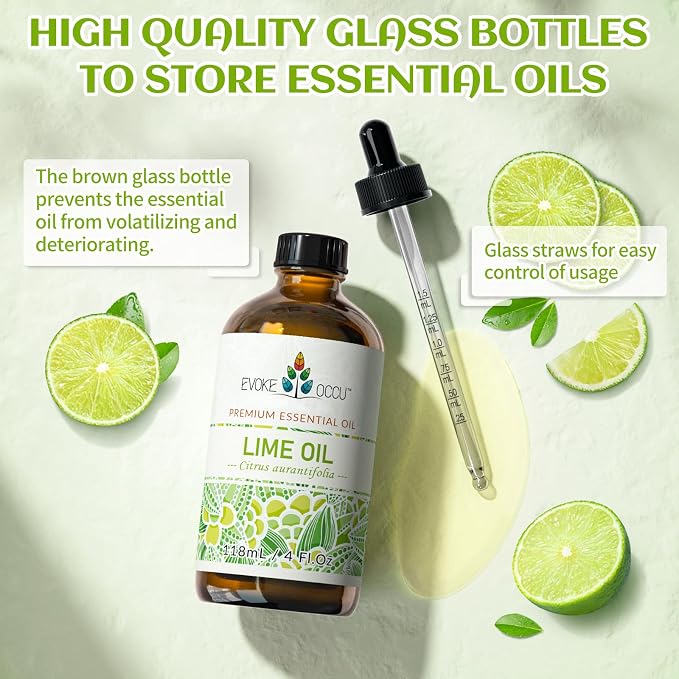 EVOKE OCCU Lime Essential Oil for Diffuser, Aromatherapy, Candles Making | Refreshing your space with a zesty, citrus scent for DIY soap, cleaning spray, skin care, and perfume blends —118ml / 4 fl oz