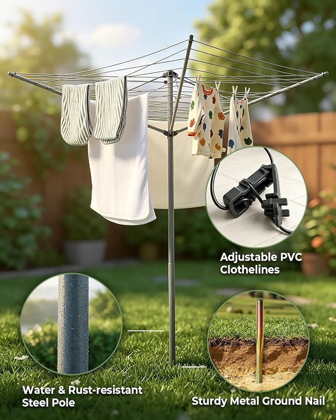 JS HANGER Collapsible 3-arm Rotary Outdoor Umbrella Drying Rack Metal Clothes Dryer Clothesline with 131ft Drying Space