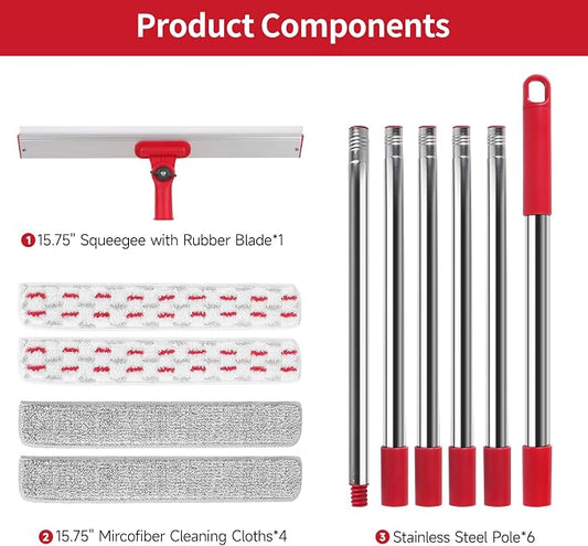 2-in-1 Professional Window Squeegee, 86.6'' Window Cleaner Tool with 6-Section Extension Pole, Window Cleaning Kit with 4 Microfiber Cloth, Window Washing Equipment for in/Outdoor Windows