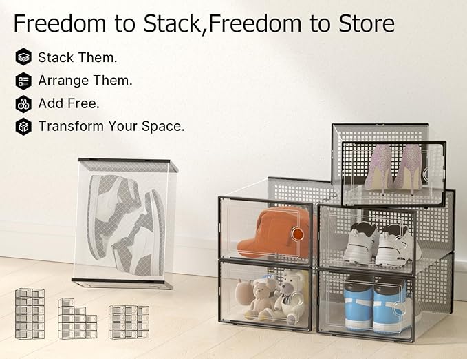 Kuject X-Large Shoe Storage Boxes 12 Pack, Clear Stackable Shoe Organizer | Shoe Case for Closet, Entryway & Under-Bed Storage, Drop-Front Design, Space-Saving Solution for Family Organization,Black