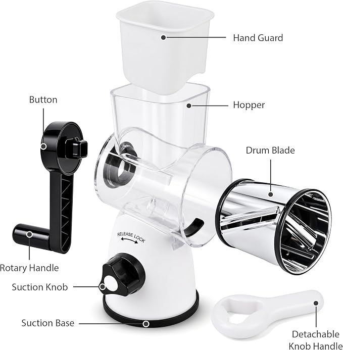 SUSTEAS Rotary Cheese Grater, Cheese Shredder with 3 Interchangeable Blades | Stainless Steel Kitchen Mandoline Vegetable Slicer , Stable Suction, Easy to Clean Grater Slicer for Vegetables, Nuts, White