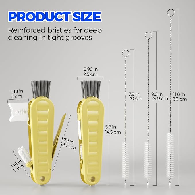 Holikme 6 Pack 4 in 1 Cup Lid Cleaning Brush 3 Straws Bottle Brush,Yellow | 4 in 1 Cup Lid Cleaning Brush Multifunctional Bottle Brush, Silicone Cup Lid Gap Cleaner, Bristle Crevice Cleaning Brush