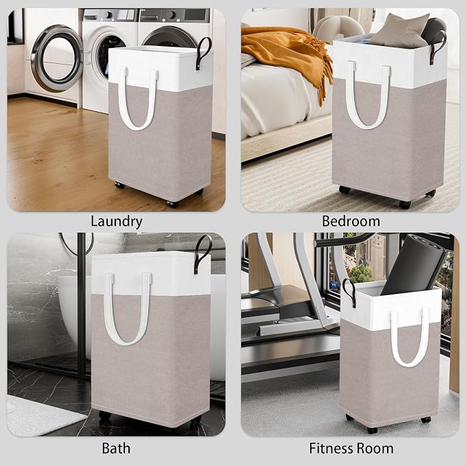 HomeHacks 75L Rolling Laundry Basket with 4 Wheels Collapsible Khaki | 4 Wheels, Waterproof PEVA Lining, Cotton Flax Fabric, Metal Frame, Bathroom Laundry Room Dorm Storage, Space-Saving Design