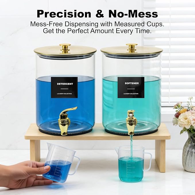 Glass Laundry Detergent Dispenser for Laundry Room Organization(2, Gold) | 1 Gallon Large Liquid Soap Dispenser with Black Metal Lid & Leak-Proof Spigot, 2 Measured Cups, 2 Silicone Mats & 9 Labels