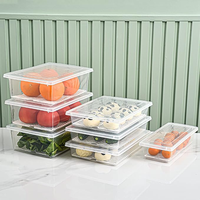 Food Storage Container, Plastic Food Containers with Removable Drain Plate and Lid, Stackable Portable Freezer Storage Containers - Tray to Keep Fruits, Vegetables, Meat (X-Large(4PCS))