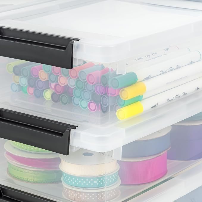 IRIS USA 2 Qt. Craft Storage Bins with Lids, 6-Pack, |Made in USA|, Clip Box, Small Plastic Sensory Bin Tote Organizer Containers for Art Supplies, Paper, & Office, Stackable - Clear/Black