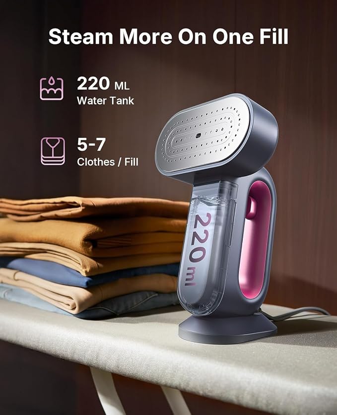 Jack & Rose Steamer for Clothes, 90g/min Boost and 38g/min Continious Steam, 29 Large Holes Powerful Steamer, 220ml Garments Capacity 2-in-1 Handheld Steaming & lroning, Cleaning Brush