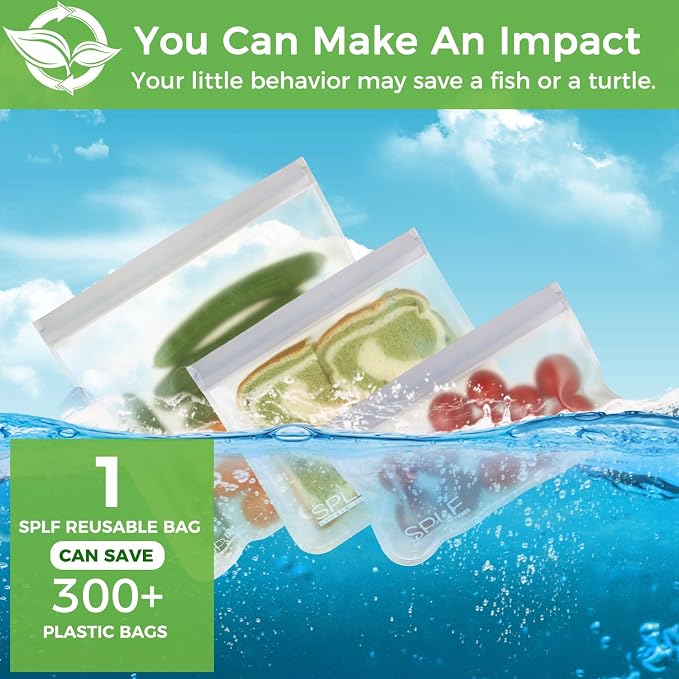 SPLF 18 Pack BPA FREE Reusable Storage Bags (6 Gallon Freezer Bags, 6 Sandwich Bags, 6 Snack Bags), Extra Thick Leakproof Silicone and Plastic Free Lunch Bag