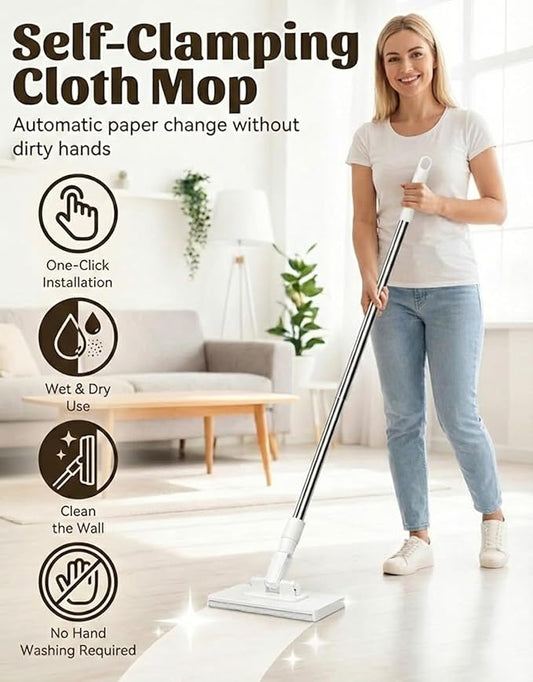 Snap Grip Mini Mop, Hands-Free Cloth Changing with 360° Rotating Head, Zero-Touch Portable Wall Mop for Floor, Tile and Mirror, Universal Pad Compatibility for Any Cloth+ Magic Cleaning Cloth*10