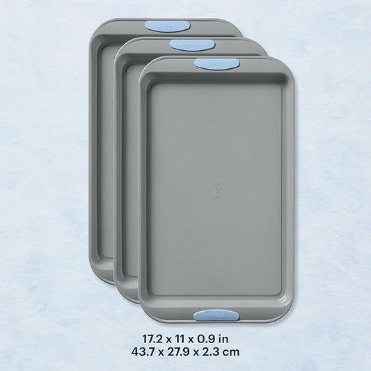 Pyrex 3-Piece Metal Cookie Sheet Bakeware Set, Lightweight Stainless Steel Baking Trays with Heatsafe Silicone Handles, Cookie Sheet Baking Pan, Cerulean
