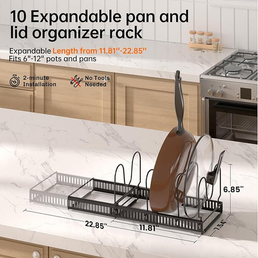 MUDEELA Pots and Pans Organizer Rack for under Cabinet, Expandable Pot Lid Kitchen Cabinet Organizer Holder with 10 Adjustable Compartment Cutting Board Organizer for Pan Lid Cookie Sheet Rack, Bronze