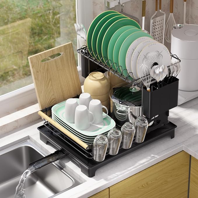 2-Tier Dish Rack Large Capacity Dish Drying Rack for Kitchen Counter Anti-Rust Dish Strainer with Drainboard, Cup Holder, Utensil & Cutting Board Organizer, Heavy Duty Metal, Black