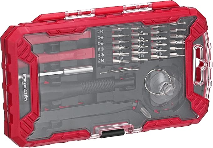 Amazon Basics Precision Screwdriver Set, 32-Piece Electronics Repair Tool Kit for Laptops, Smartphones, Eyeglasses, Watches, Magnetic Tip, Red