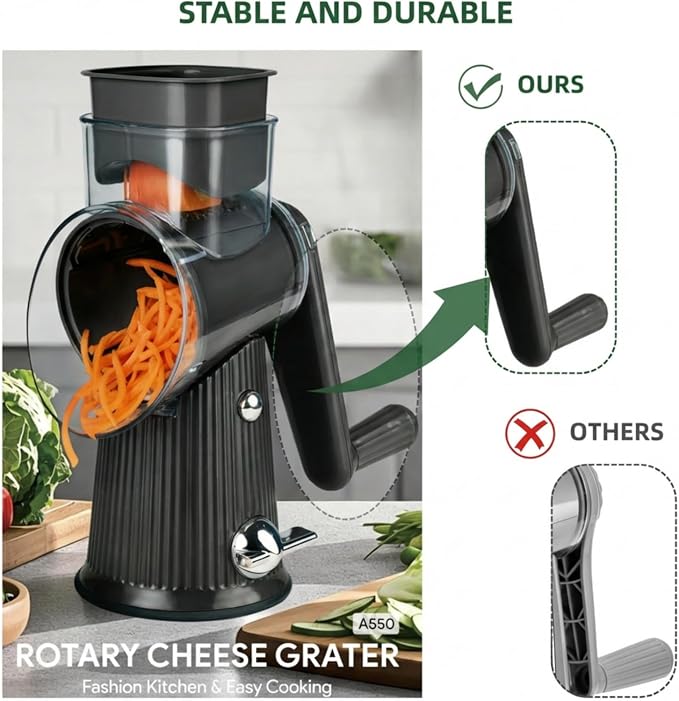 Rotary Cheese Grater with Handle - Vegetable Shredder with 5 Blades & Strong Suction Base, Round Slicer & Food Chopper for Kitchen (Black)