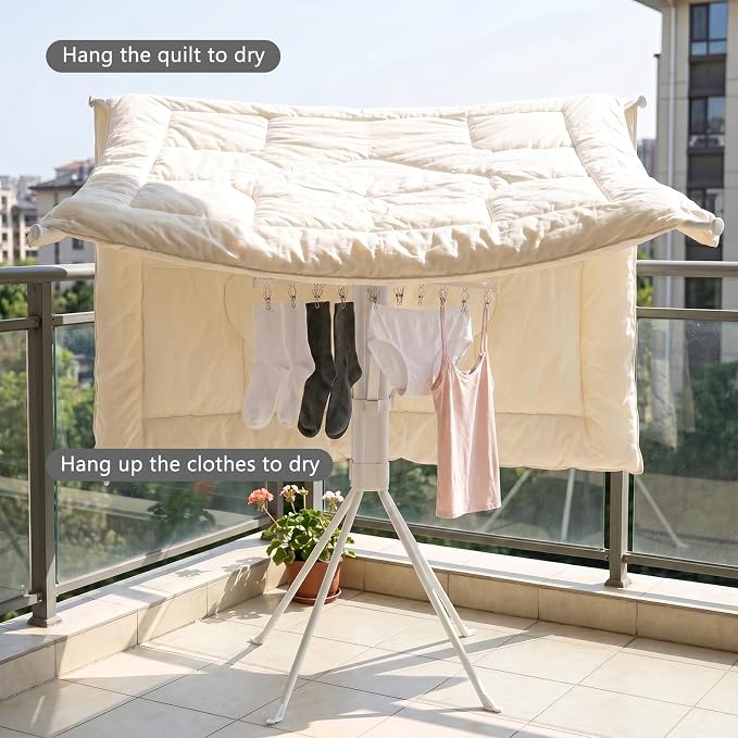 Foldable Four-Legged Clothes Drying Rack Extendable with 16 Clips | Collapsible Laundry Space-Saving Portable Clothing Rack for Indoor Balcony Camping Outdoor Use