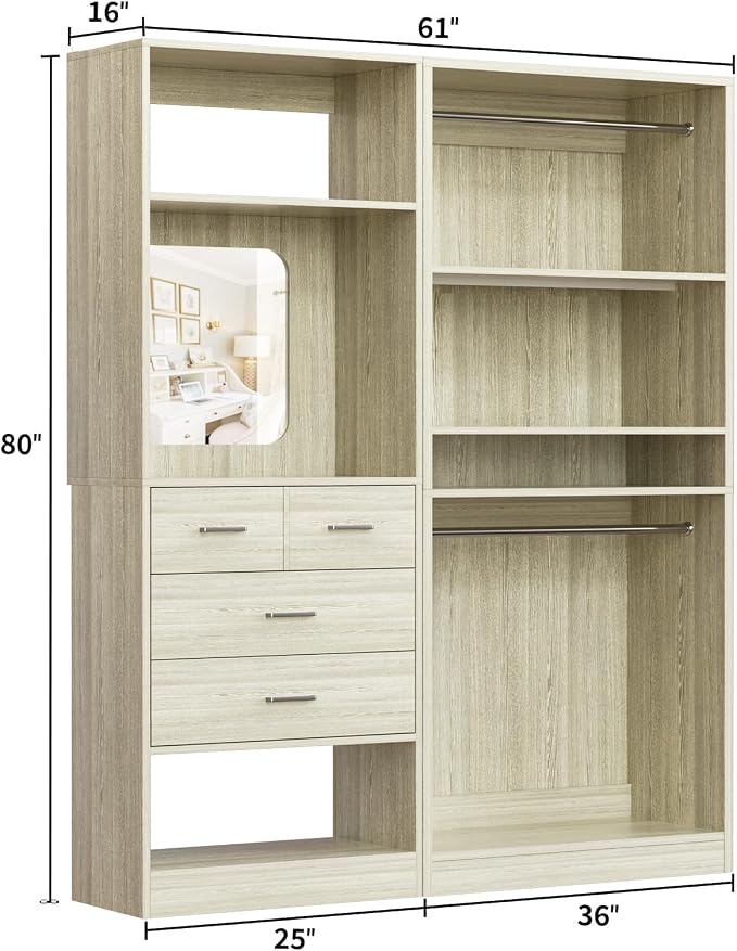 Unikito 61" Closet System, Heavy Duty Wood Closet Organizer with 2 Hanging Rods, Walk-in Wardrobe Garment Rack with Adjustable Shelves, Free-standing Clothing Rack, White Oak