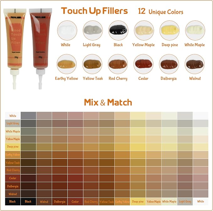 Wood Furniture Repair Kit- Set of 28 - Touch Up Markers | Fillers with Wood Putty - Repair Scratch, Cracks, Hole, Discoloration for Wooden Door, Floor, Table, Cabinet