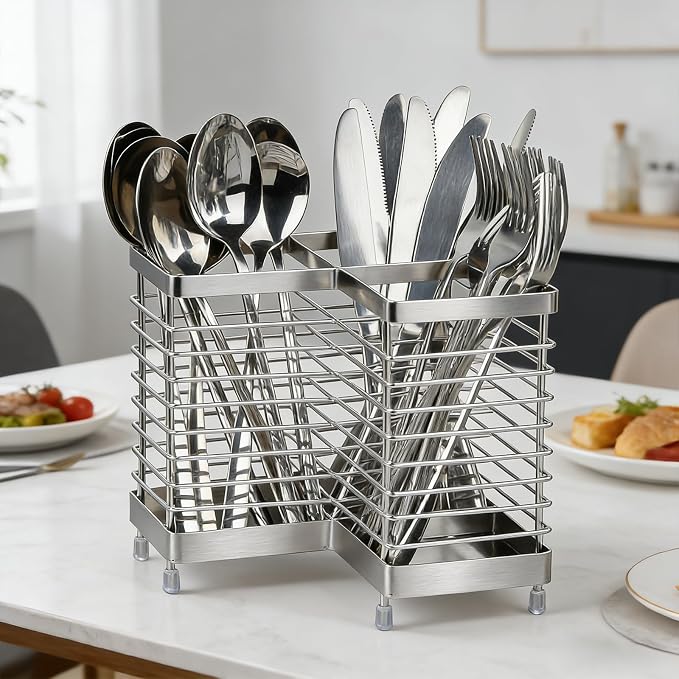 Utensil Holder, Stainless Steel Corner Utensil Holder for Kitchen Counter, 3 Compartments Utensil Crock Organizer for Spatulas, Silverware, Forks, Knives, Spoons & Cooking Tools