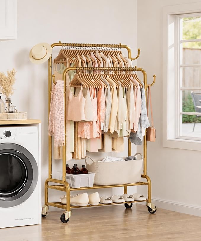 Homde Heavy Duty Clothes Rack: 265lb Rolling Double Rod Garment Hanging - Metal Coat Organizer Storage Display Shelf on Wheels for Bedroom Laundry
