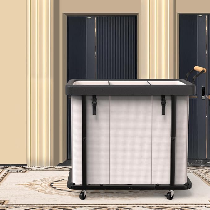 Laundry Hamper 3 Section with Lid,230L Rolling Dirty Clothes Hamper White | Laundry Basket with Wheels,Laundry Organizer Storage Cart with Sturdy Metal Frame and Wooden Handle for Laundry Room, Hotel