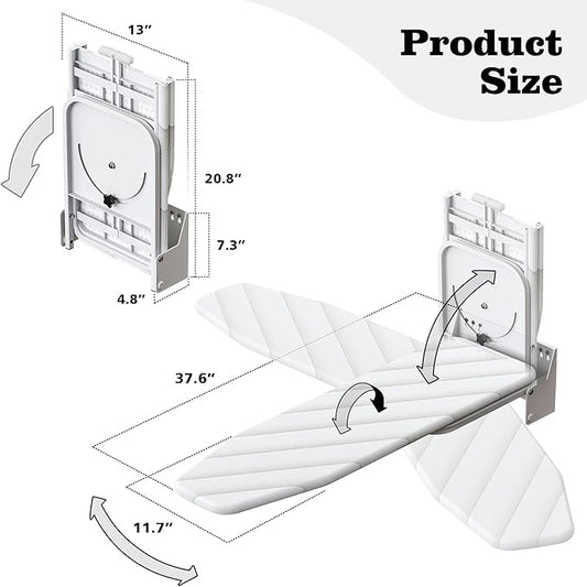 MYOYAY Wall Mounted Ironing Board 12 x 37 Inch Space-Saving 180° Swive Fold Away Ironing Board with Heat Resistant Cover for Home House Held Laundry with Manual,White