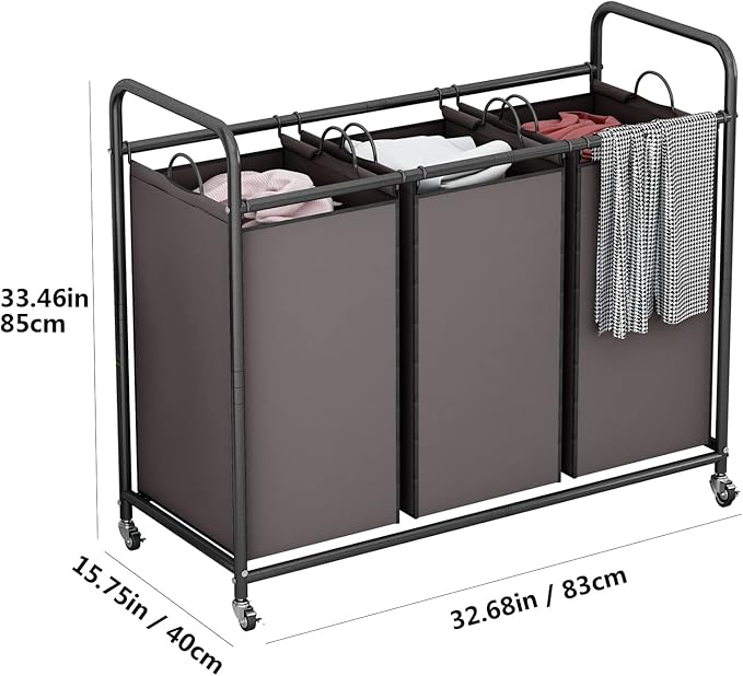 LINZINAR 3-Bag Laundry Sorter,Laundry Hamper Cart with Heavy Duty Rolling Lockable Wheels and Removable Bags (Brown) | Laundry Room Organization with Heavy Duty Rolling Lockable Wheels and Removable Bag, Bedroom Laundry Cart for Clothes Storage