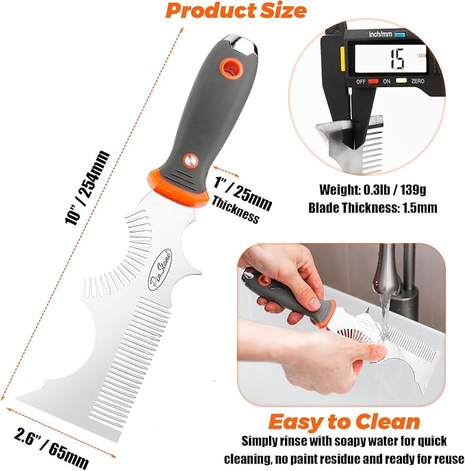 8-in-1 Paint Brush Comb and Paint Roller Cleaner Tool | Solvent-Resistant Stainless Steel Teeth, Easy Grip Rubber Handle, Putty Scraper, Small, Large Paintbrush & Roller Cleaning