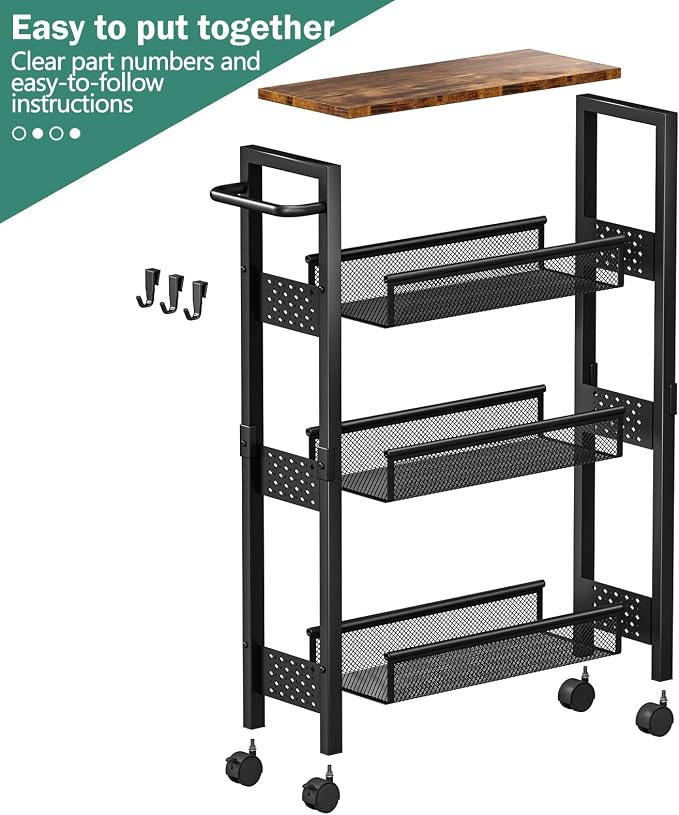 Vivihomety 4-Tier Slim Utility Rolling Laundry Cart with Wheels, Metal | Narrow 7.1" wide, Lockable wheels, wood top panel, metal frame, with handle, for laundry, bathroom, kitchen, black