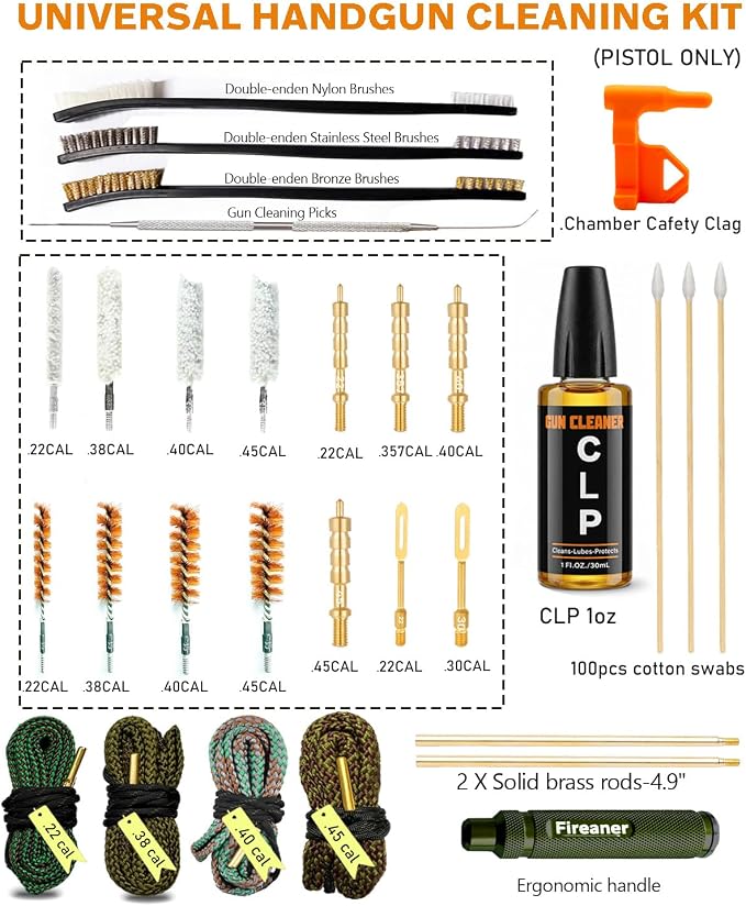 Handgun&Pistol Cleaning Kit for 9mm, .22, .380, .40, .45Cal with Ripcord | CLP, Chamber Tool & Brass Bore Brush with Range Bag for Pistol,Includes 100 Gun Cleaning Swabs& Patches