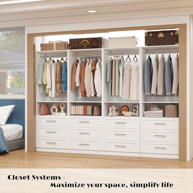 Dilando Closet System with 6 Drawers 4FT-10FT Closet Organizer System Walk-in Closet Freestanding Modular Custom Corner Closets Storage with 4 Hanging Rods & 2 Shelf White (4FT)
