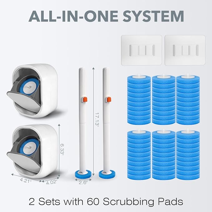 2-Pack Disposable Toilet Brush & Wand Kit, Wall-Mounted Auto-Closing Caddies with 60 Refills, Deep Cleaning System with Pre-Loaded Scrubber for Rust & Hard Water - Mess-Free Modern Design