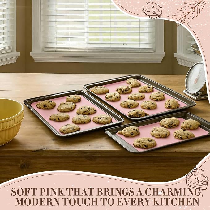 3 Pack Perforated Baking Mat, Eclair Pink Silicone Non Stick Baking Mats 2 Half Sheets & 1 Quarter Sheet, Food Reusable Safe Oven Liners Mats for Cookie Bread Pizza Pastry 16.5" x 11.6"pink