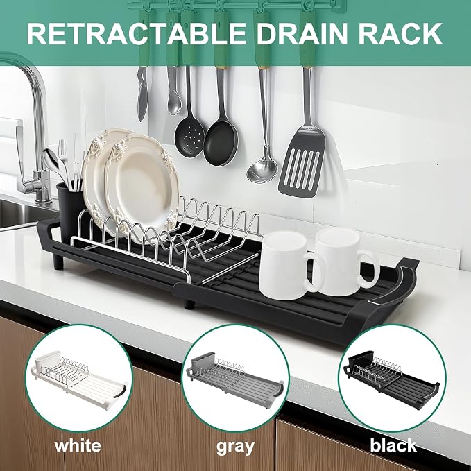 Dish Drying Rack - A Compact, Space-Saving Stainless Steel Rust-Resistant Dish Drainer Specifically Designed for Kitchen and Apartment Countertops/Sink Cabinets,11.42 to 19.9 Inches (Black)