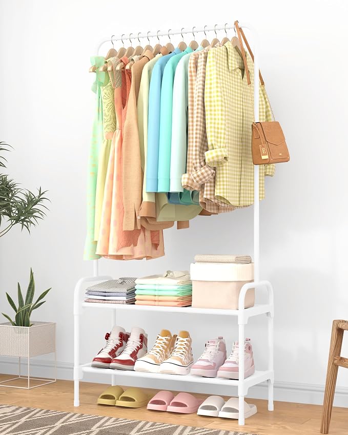 Sakugi Clothes Rack - 29.3" × 12.5" × 59.6" Clothing Rack and Shoe Rack with Anti-Slip Stopper, Large Capacity Rack with 2-Tier Shoe Organizer, Clothes Organizer for Bedroom, Entrance, Laundry, White