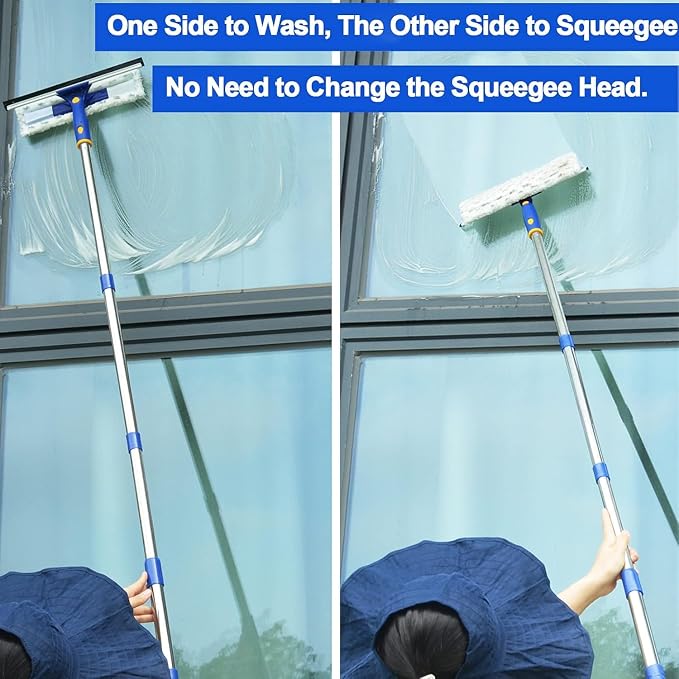 86.6" Window Squeegee Cleaner,2 in 1 Window Cleaning Tool Kit,Shower Squeegee with Extension Pole,Glass Cleaning Tools for Shower Glass,Indoor/Outdoor High Window Cleaning-Two Pads