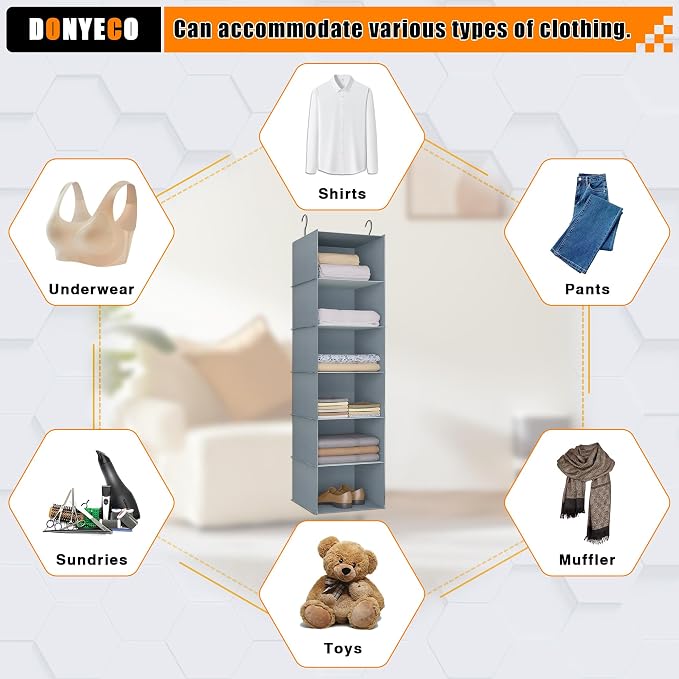 Hanging Closet Organizer 6-Shelf, Oxford Fabric Wardrobe Storage, Gray | Easy-mount foldable design holds clothes, handbags, shoes & accessories; washable Oxford fabric, sturdy and space-saving.