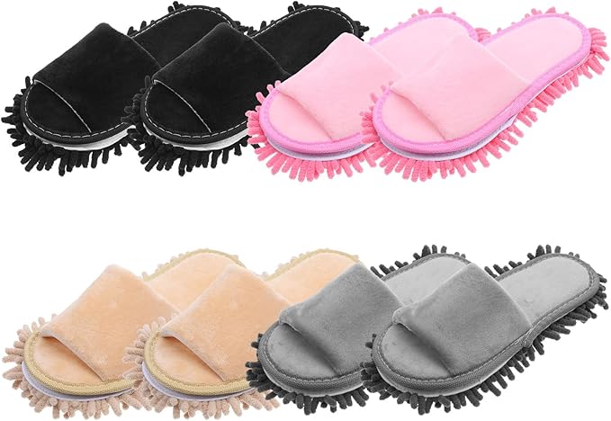 4-Pair Washable Microfiber Cleaning Mop Slippers, Unisex Dusting Slippers with Detachable Design for Effortless Floor Cleaning (Medium, Black, Beige, Pink, Gray)