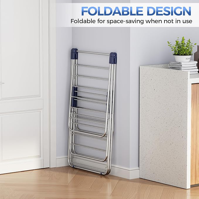 APEXCHASER Large Stainless Steel Clothes Drying Rack, Generous Drying Area | Foldable 2-Level Drying Rack Clothing, Free-Standing Laundry Airer, with Height-Adjustable 4 Wings, Matte Blue