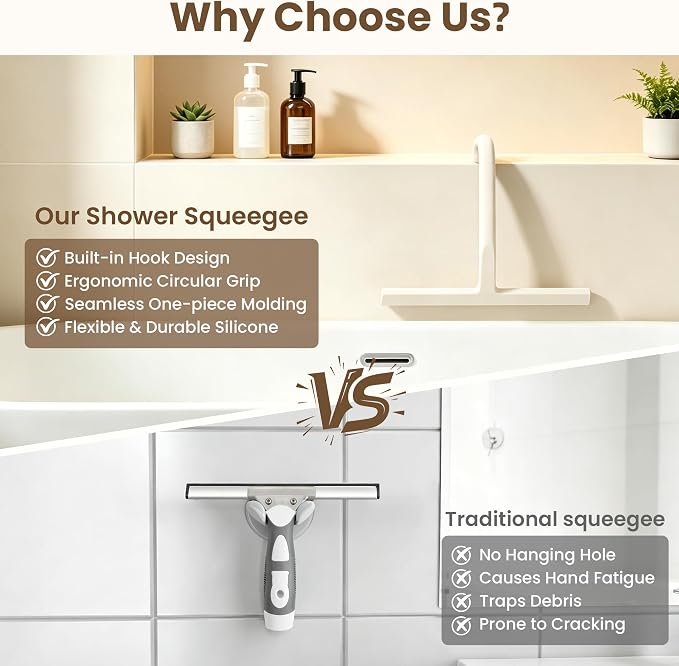 Shower Squeegee for Glass Doors - 10 Inch Bathroom Squeegee with Ergonomic Round Grip, Built-in Hook, Streak-Free No-Squeak Silicone Blade for Shower Glass, Tile Walls, Mirrors & Windows, White