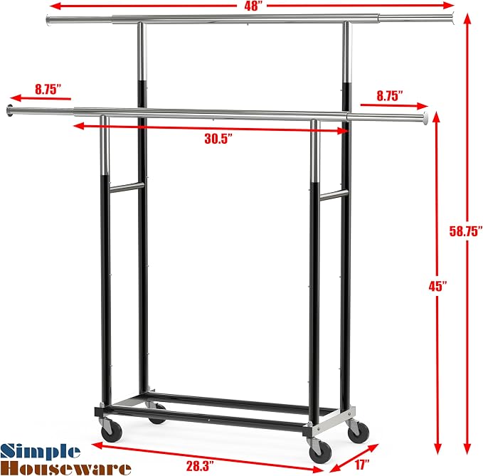 Simple Houseware Standard Double Rod Garment Rack, Black