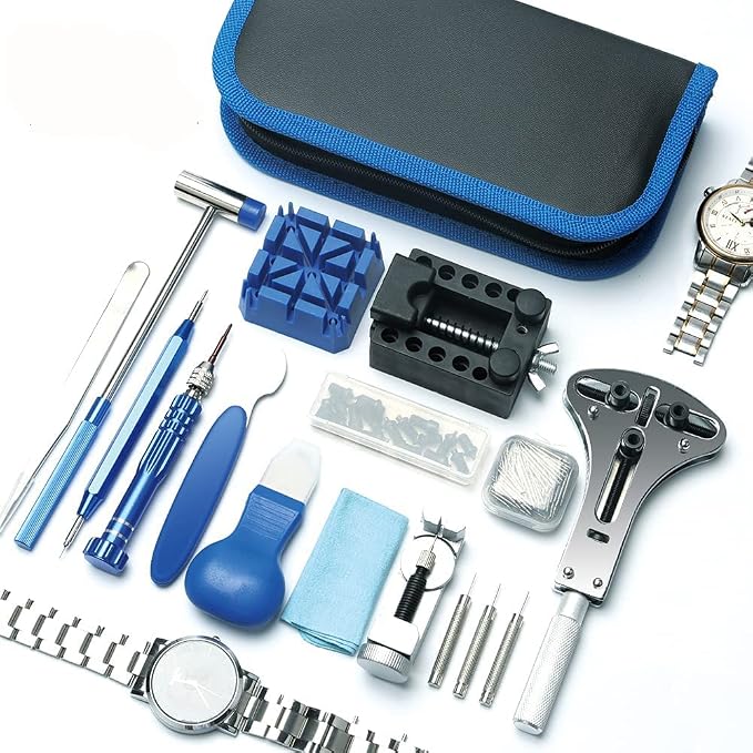 Kingsdun Watch Repair Kit, Professional 208Pcs Watch Battery Replacement Tool Watchband Link & Back Remover, Spring Bar Tool Kit with Carrying Case & Instruction Manual (Blue)