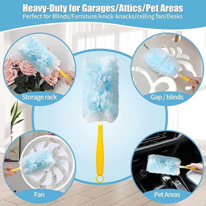 60 Count 360° Heavy Duty Duster Refills Compatible with Swiffer, Large Size-Extra Thick Disposable Electrostatic Duster Refill with 1 Short Handle for Furniture, Blinds, Ceiling Fans