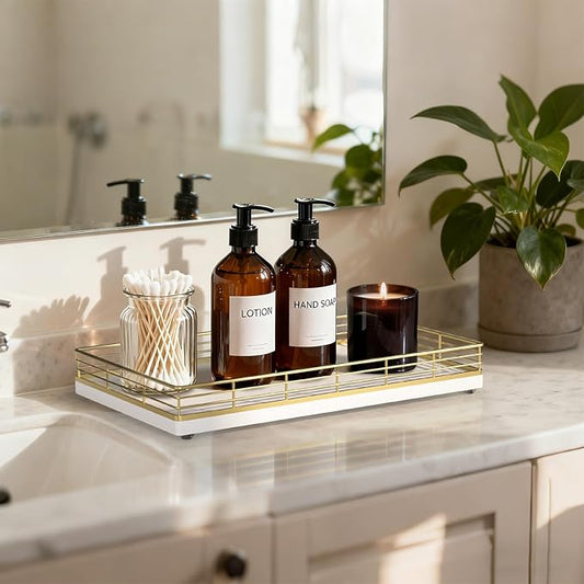 Large Bathroom Vanity Tray – 13" x 8" Oak Decorative Wooden Tray for Bathroom Countertop & Vanity Organizer, Wood Tray for Perfume, Skincare & Accessories Storage, Vanity Dresser Decor Gold & White