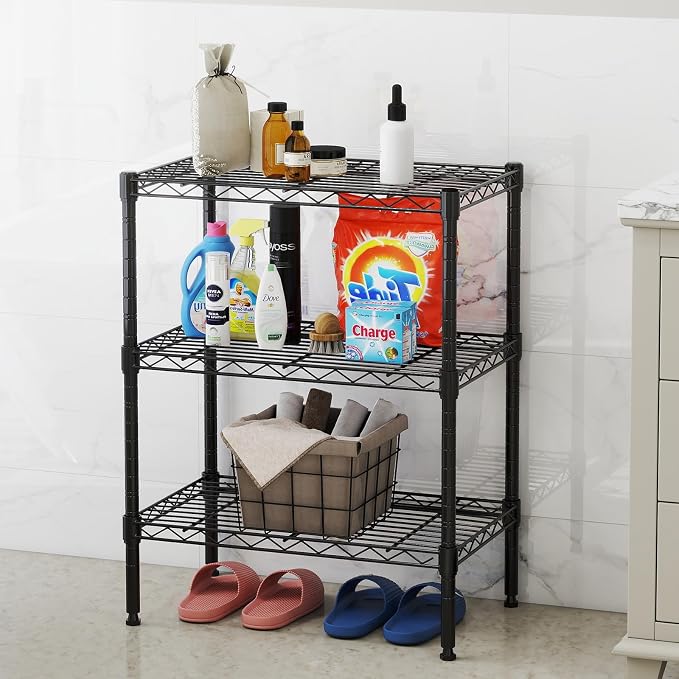 NEWBULIG 3-Tier Metal Wire Storage Shelves, Adjustable Heavy Duty Steel Shelving Unit, Freestanding Storage Rack Organizer for Kitchen, Pantry, Garage, Bathroom, 23.2" W x 13.4" D x 30.3" H, Black