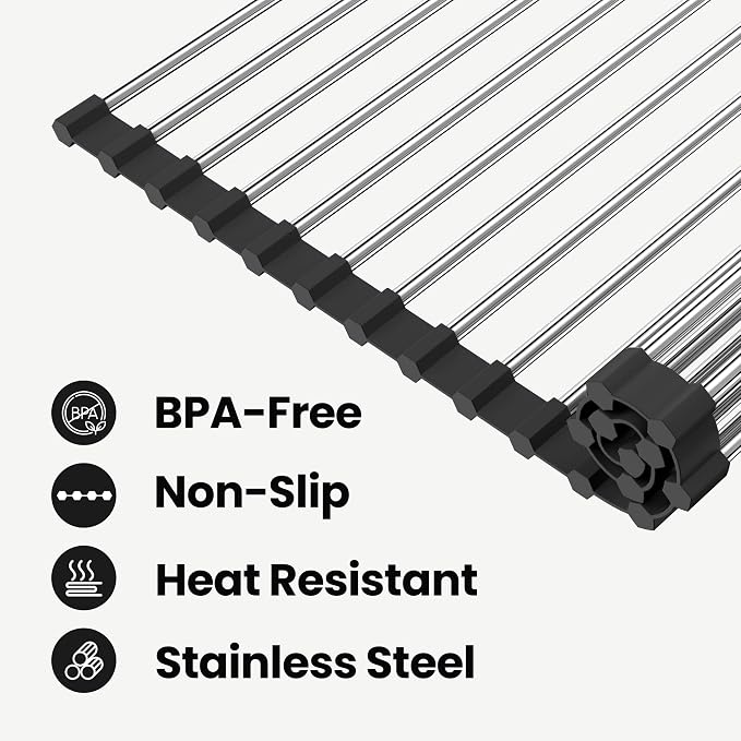 Roll Up Dish Drying Rack, Over The Sink Roll Up Drying Rack for Kitchen,17" L x 15.7" W, Black