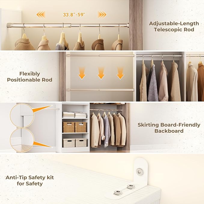 Homieasy Closet System, 4.5-11.5 Ft Expandable Closet Organizer with 5 Hanging Rods, Walk-in Wood Closet Organizer System with Storage Tower, Heavy Duty Garment Rack Wardrobe for Bedroom, White