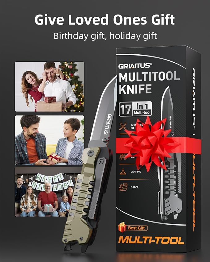 Multitool Knife 17 in 1 Pocket Knife with Fire Starter Sticks for Camping | Bottle Opener, Saw, Whistle, Nylon Sheath, EDC Gear for Survival, Camping, Hiking, Outdoor, Gifts for Men - Desert Gray