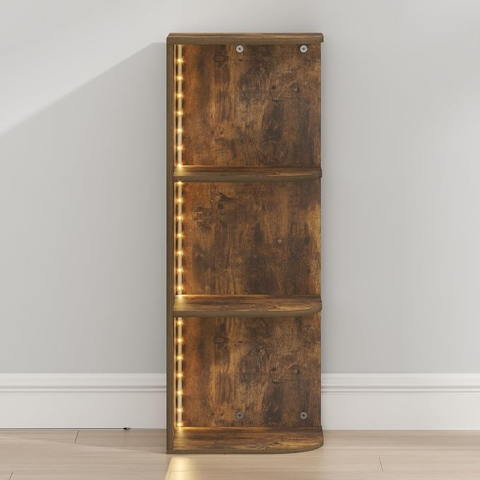 Furinno PASIR Corner Closet Organizer with LED Lights, 3-Tier, Amber Pine | 9.3 x 12 x 31.5, LED Closet Organizers and Storage, Open Shelves Closet Storage for Wardrobe, Bedroom, Entryway