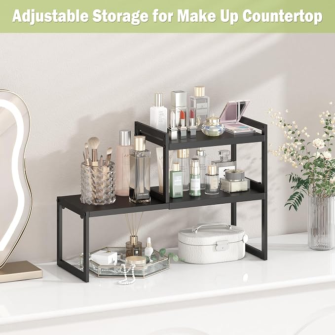 DOLALIKE Expandable Kitchen Countertop Organizer, Stackable Cabinet Shelf Organizers, Space Saving Spice Rack Pantry Storage for Bathroom Office Organization (Black, 2 Pack) | Space Saving Metal Pantry Storage Racks for Kitchen Spice Rack Pans and Unte...