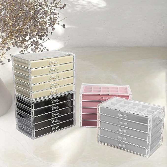 GUOER Earring Organizer, Acrylic Jewelry Box with 5 Drawers for Women,Black | Clear Earring Holder Organizer Box, Stud Earring Ring Display Storage Case Large, Adjustable Velvet Trays Girls Gifts